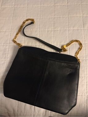 Black Leather Shoulder Bag with Gold Chain Strap